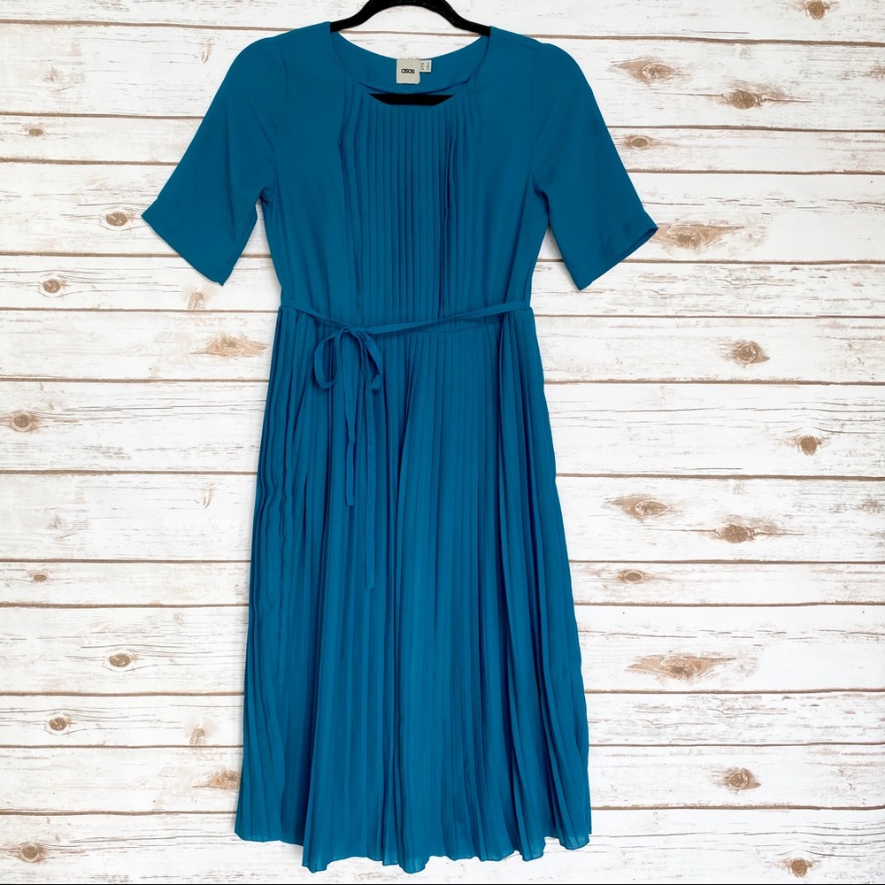 ASOS teal pleated dress with tie waist